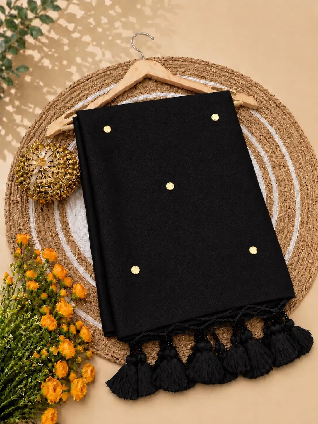 Plain Gini Work Tassel Khadhi Cotton Saree